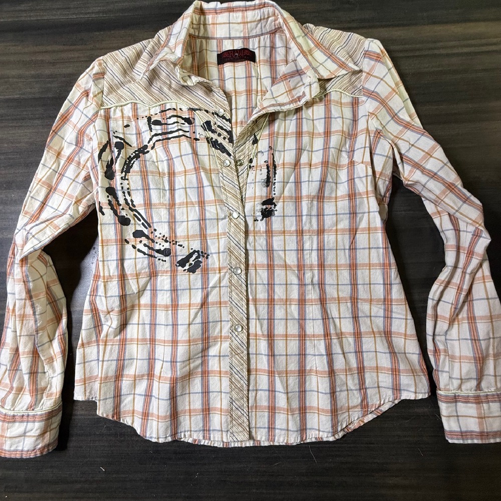 RAW 7 Plaid Western Shirt‎ Pearl Snap Button Up Great Nail Way Design Large